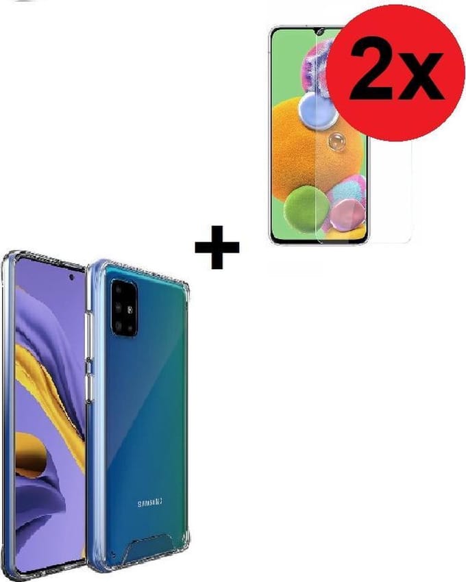 Geschikt voor Samsung Galaxy A41 Backcover Hard Case hoesje Transparant + 2x Screenprotector Tempered Gehard Glas (2stuks) Pearlycase