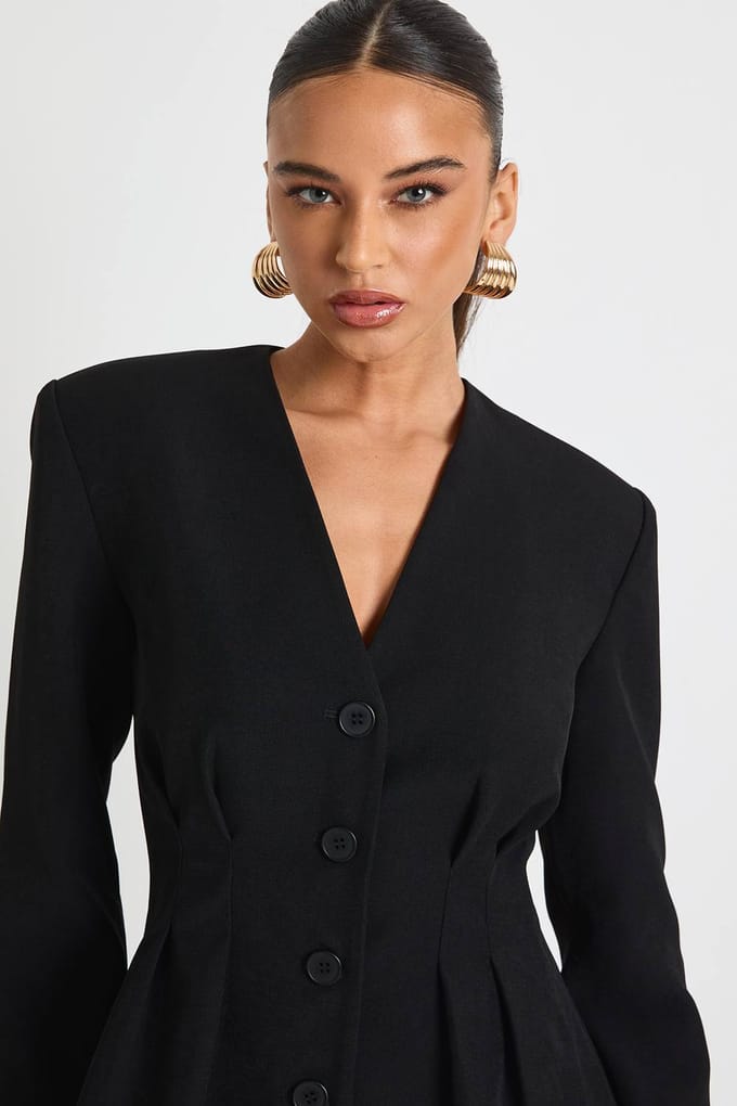 boohoo Dames Lange mouw kraagloze getailleerde mini-jurk | Zwart | Maat: 36