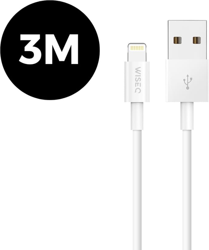 Lightning USB kabel 3 m - USB naar Lightning oplaadkabel - geschikt voor Apple iPhone 14 / iPhone 13 / iPhone 12 / iPhone 11 - wit - WiseQ