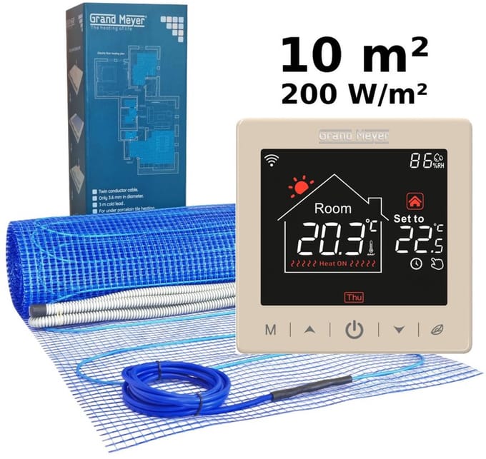 Elektrische vloerverwarmingsset 10 m², 200 W/m² + SN-15 Wi-Fi programmeerbare thermostaat