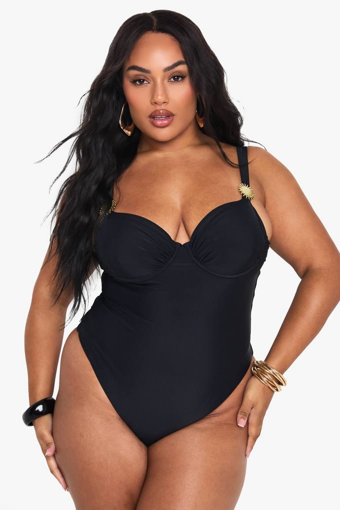 boohoo Dames Plus Sunshine Trim Balkon Badpak | Zwart | Maat: 54