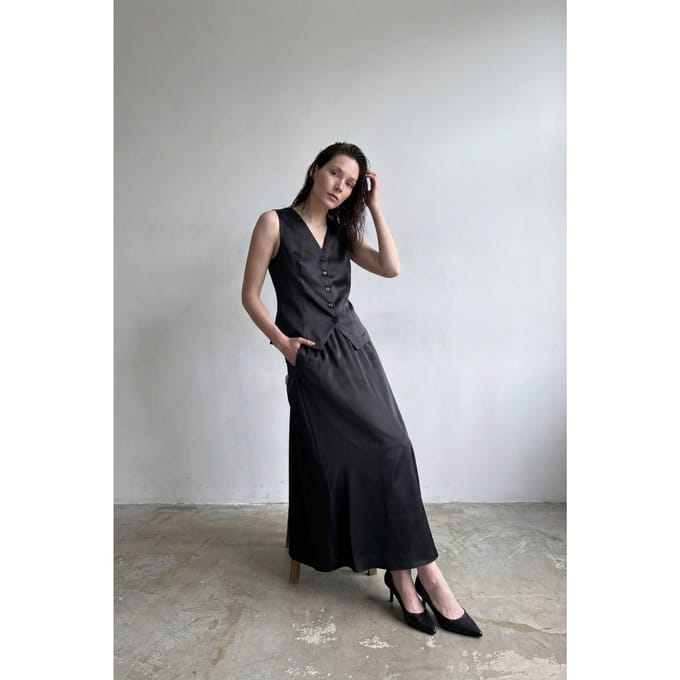 V-hals Vest & Maxi Rok Satijnen Twee-Delig Set