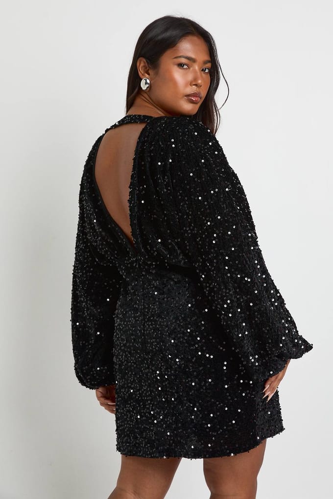 boohoo Dames Plus fluweel pailletten blouson mini jurk | Black | Maat: 16