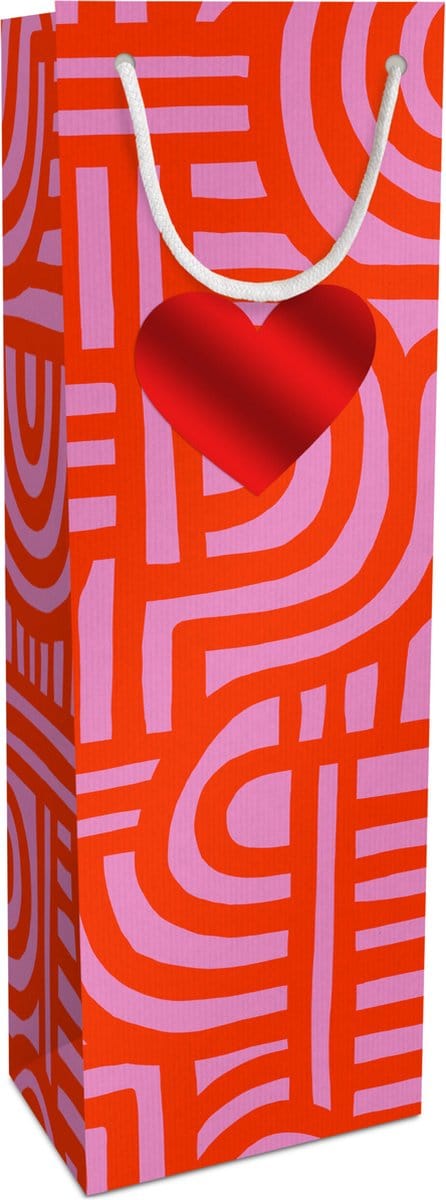 Tasje 12x36x10cm Fantasie Kraftp. Labyrinth rood met hart