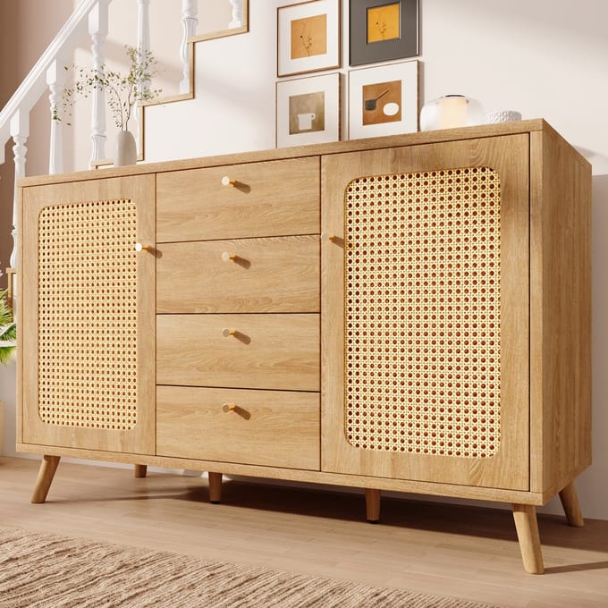 Dressoir - 140x40x86 cm - Commode in Rotan Look - 4 Laden en 2 Deuren - Eikenhout - Licht Eiken