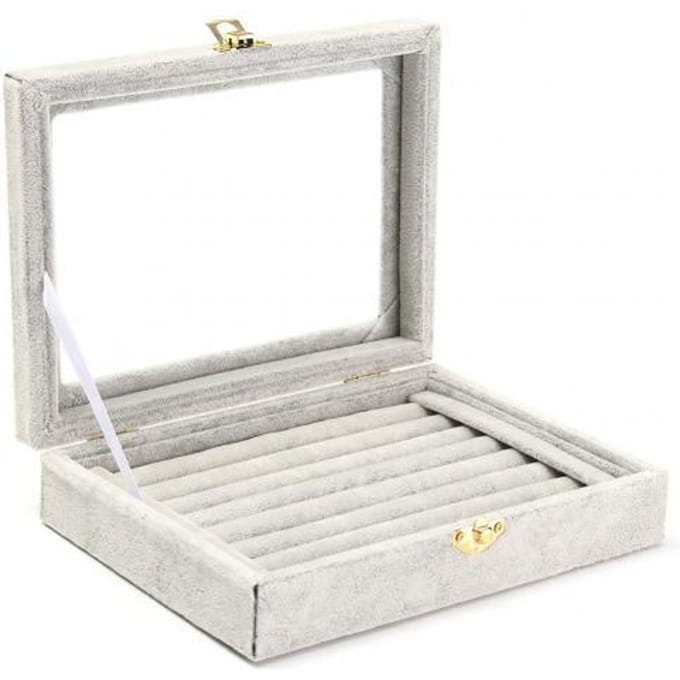 Fluwelen houten ring sieraden oorbel opbergdoos display organizer lade houder grijs