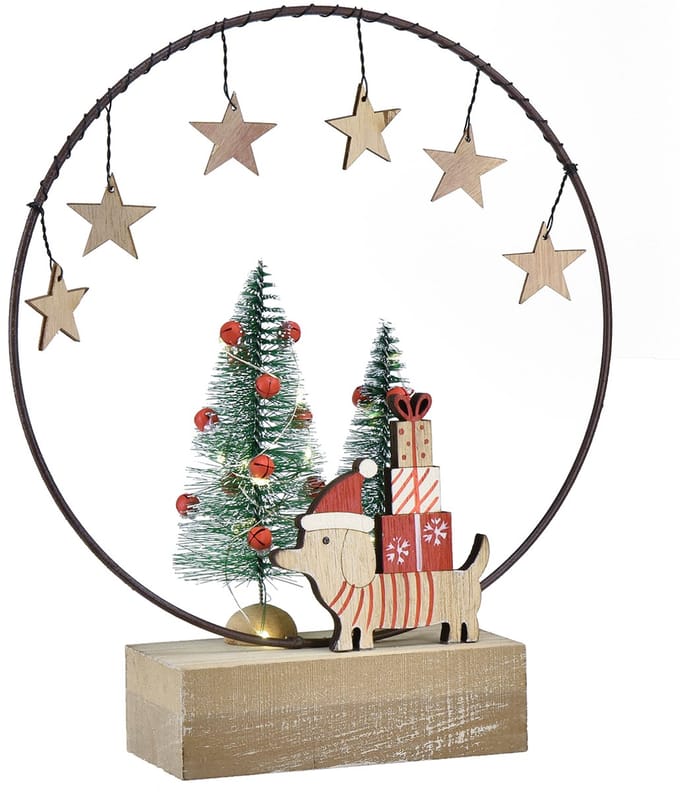 Decoratieve ring hout metaal Kerst met hond Ø21cm H25cm