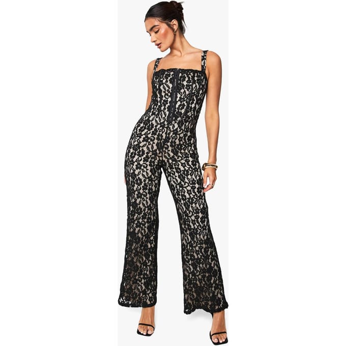 boohoo Dames Kant Korset Jumpsuit | Black | Maat: 14