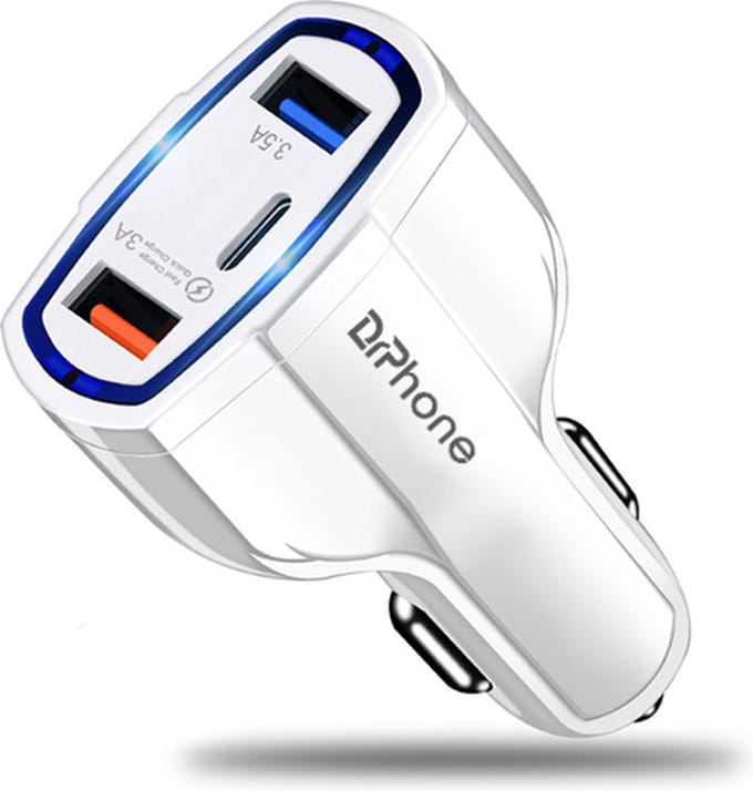 DrPhone QC4 Pro - 3 Poort Autolader - USB Qualcom 3.0 + USB 3.5A & USB-C - Krachtige Lader - Geschikt voor Tablets / Smartphones – Wit