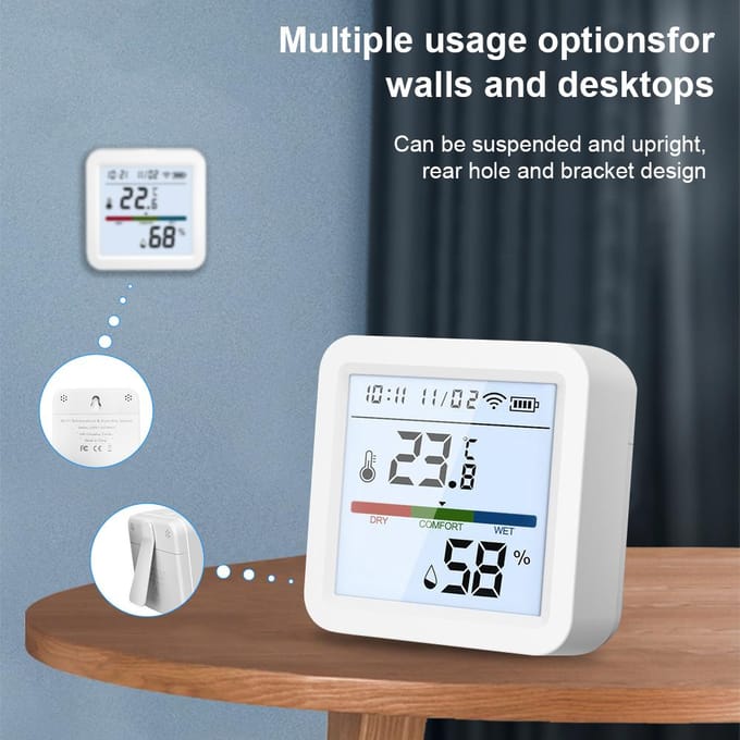 WiFi Thermometer Hygrometer TY App Slimme Thermometer voor Thuis LCD Achtergrondverlichting met Afneembare Standaard wit
