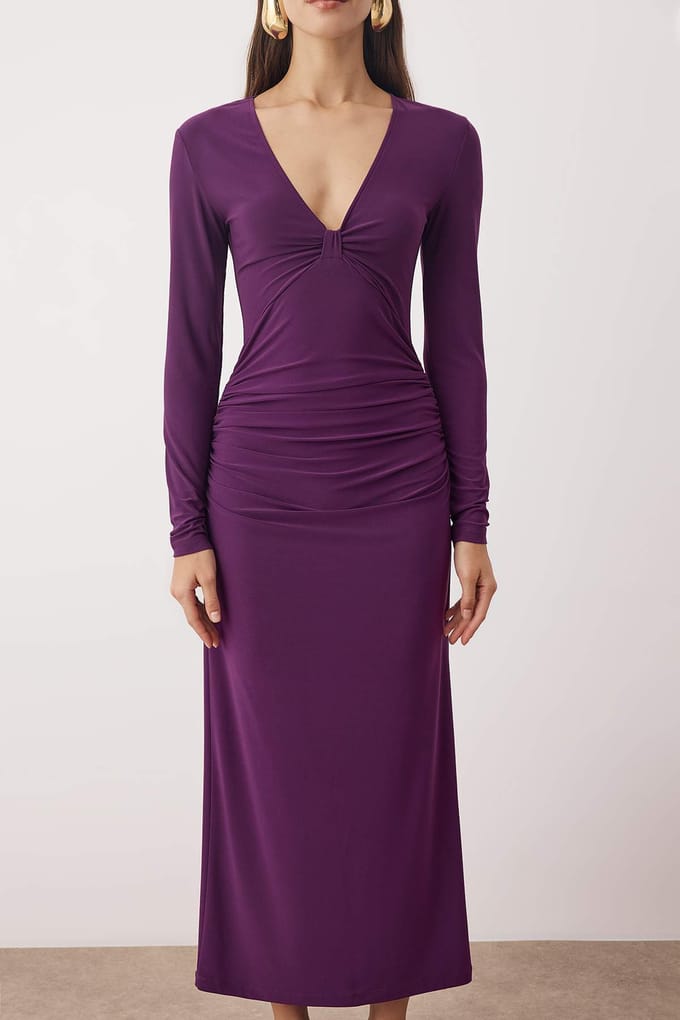 Paarse platte maxi cocktailjurk voor dames, lange bodycon jurk