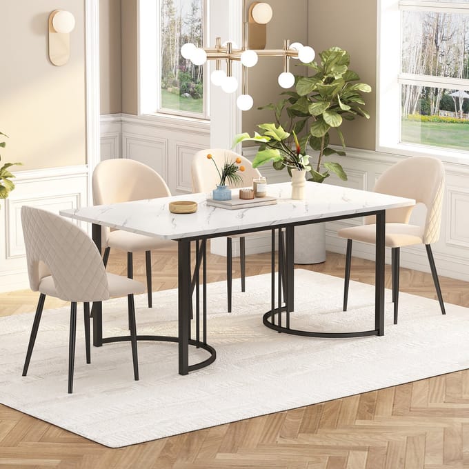 REDOM - Eethoekset - Eettafel Met 4 Stoelen - Modern - Voor Keuken Of Eethoek - Fluweel, MDF En Metaal - Beige/Wit/Zwart - 140x80 cm