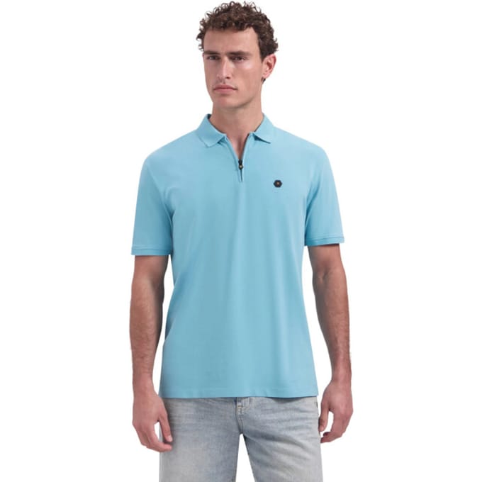 No Excess Polo short sleeve zip garment dyed seablue