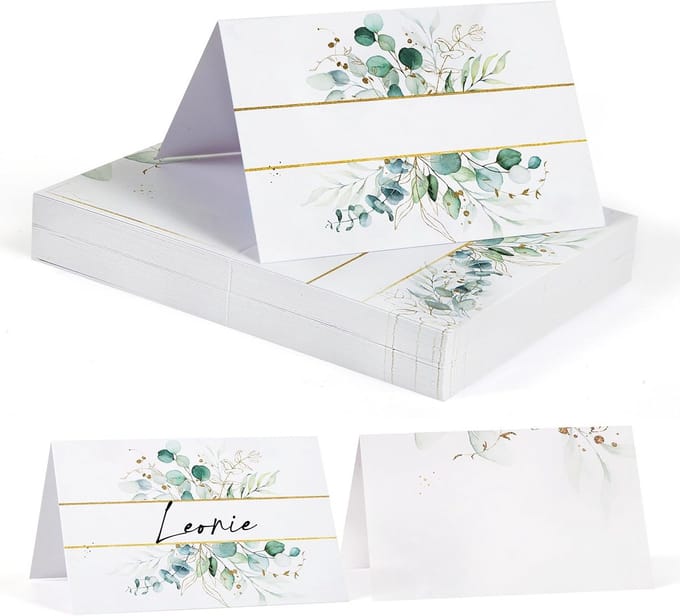Tafelkaarten 8,5 x 5,5 cm – 50 stuks – Eucalyptusdesign – voor Bruiloft, Communie, Vormsel, Doop, Verjaardag