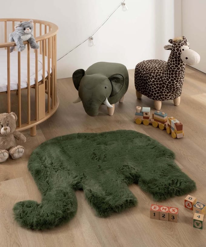 Kindervloerkleed Olifant - Fluffy olijfgroen 80x100