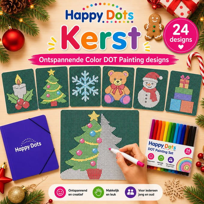 HappyDots Color DOT Painting set Kerst A4 - 24 designs + stiften set + opbergmap