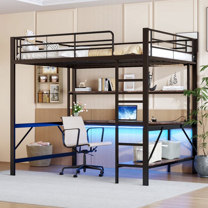 REDOM Bedframe 140x200 cm – Hoogslaper met bureau, opbergrekken & app-LED – Metaal/MDF – Zwart