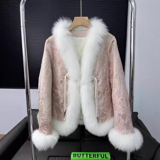 Nieuwe Chinese Stijl Bont Vossenbont Jas Gans Dons Jas Retro Mode Dames Korte Damesjas One size fits all white