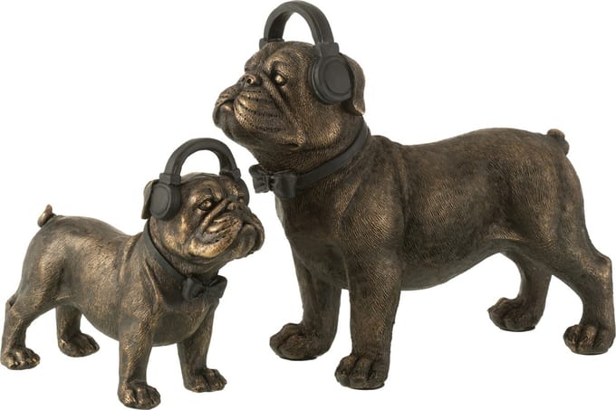 Bulldog met Koptelefoon Poly Donkerbruin Small 20cmBeelden decoratie