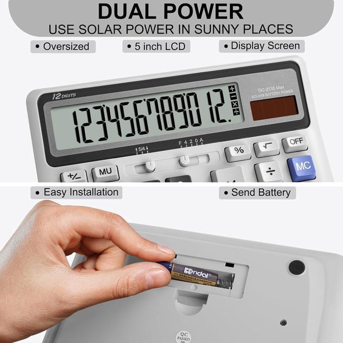 Bureaurekenmachine 12-cijferig met grote knoppen, desktop dual power rekenmachine met groot display voor grijs