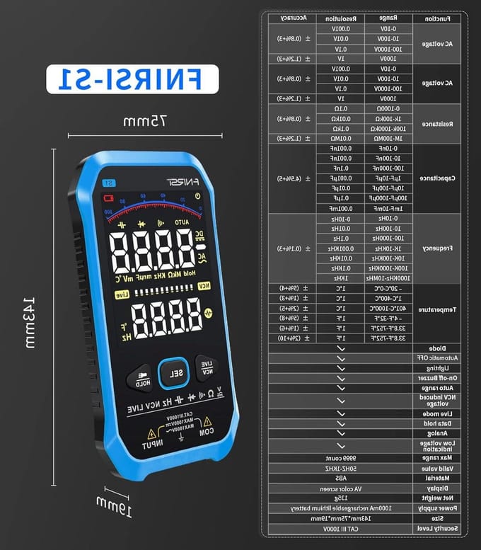 Smart Multimeter - Digitale Tester - Elektrische Metingen - 9999 Counts Display - 20x10x15 cm - Blauw
