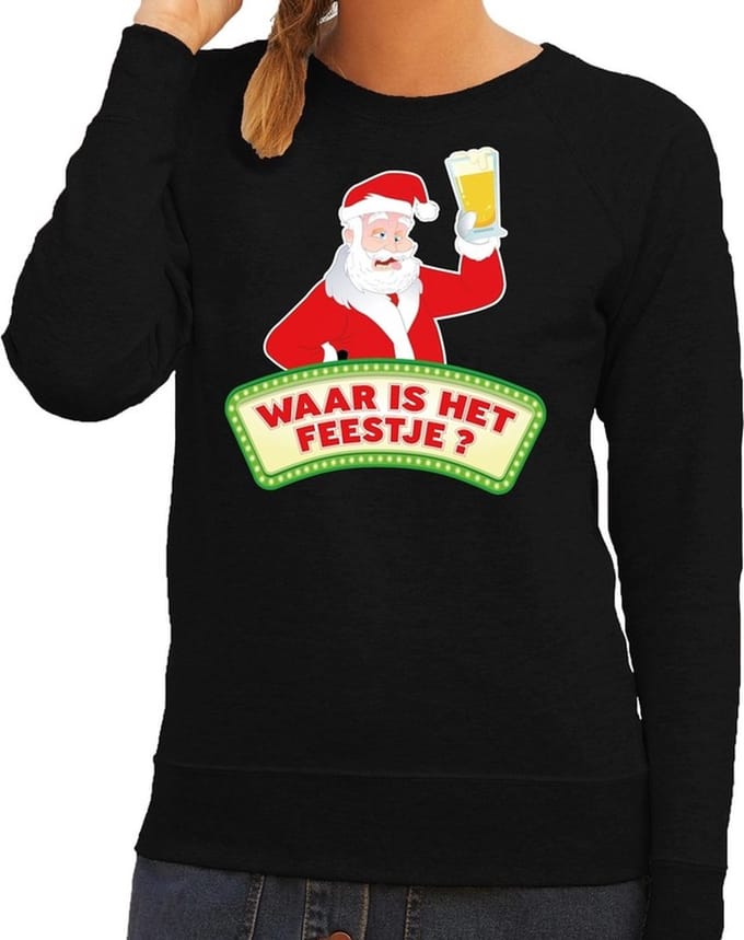 Foute kersttrui / sweater voor dames - zwart - Dronken Kerstman met biertje 2XL