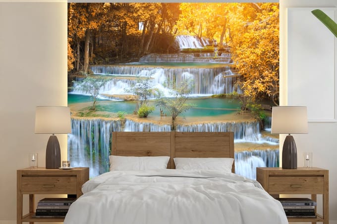 Behang - Fotobehang Waterval - Herfst - Bomen - Bruin - Water - Breedte 280 cm x hoogte 280 cm
