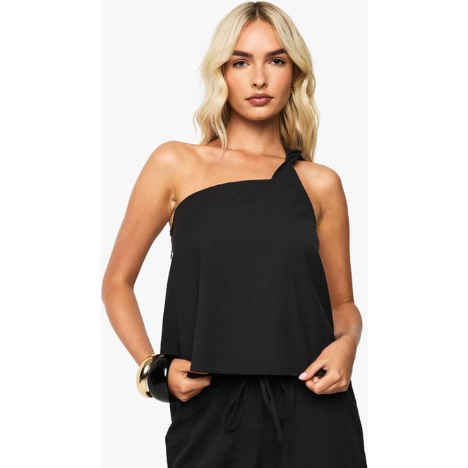 boohoo Dames Linnen knoopdetail one-shoulder crop | Zwart | Maat: 34