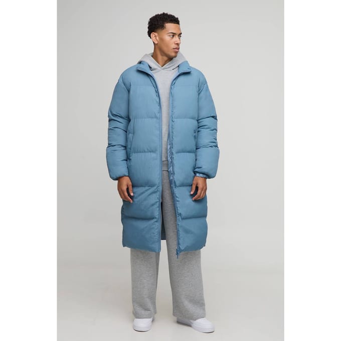 Oversized Crinkle Nylon Funnel Neck Longline Puffer Jacket | Light Blue | Size Medium
