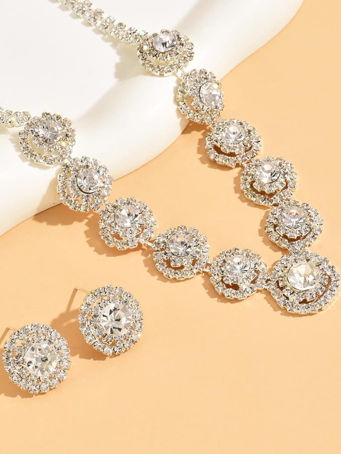 3-delige Bruiloft Dames Mode Sieradenset Kwastje Strass Oorbellen Ketting Luxe Feest Mode Accessoires Silver&45cm beige