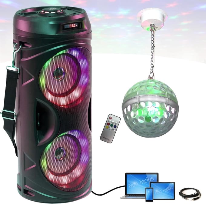 Draagbare Luidspreker - Feestbox Muziek - Muziek afspelen - Met LED Discobal - 80 Watt - Zwart