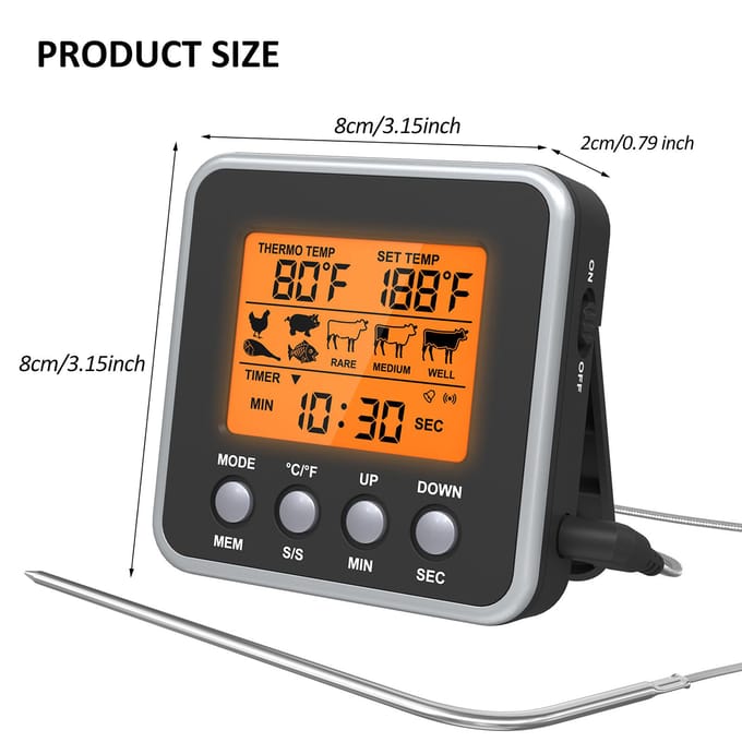 Oranje LCD digitale voedseltemperatuurmeter met achtergrondverlichting, kookvleesthermometer met temperatuursonde, zwart