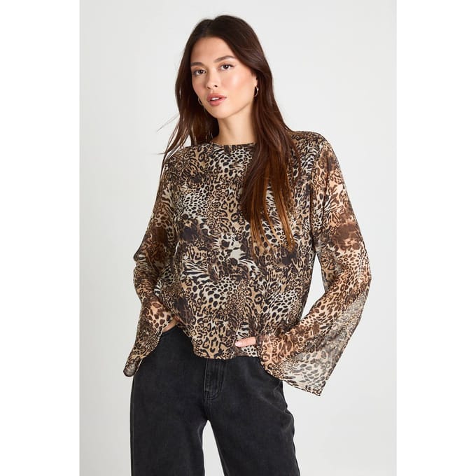 boohoo Dames Leopard chiffon blouse met uitlopende mouwen | Brown | Maat: 6