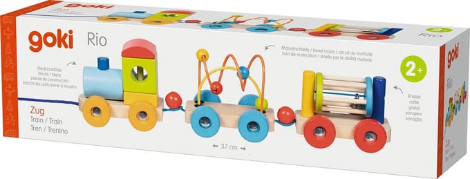 Goki Wooden Train Rio with Blocks Bead Labyrinth Rattle