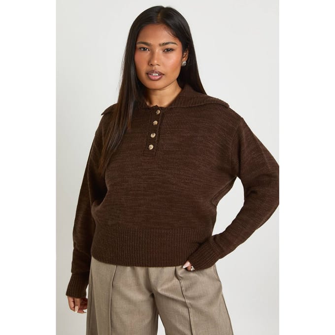 boohoo Dames Plus Gebreide Henley Trui met Kraag | Chocolate | Maat: 28