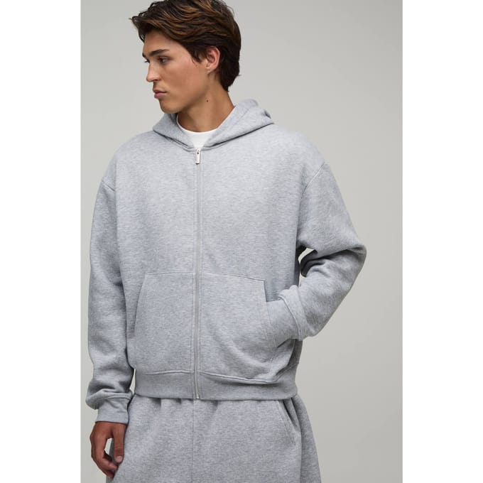 Essential Oversized Boxy Zip Through Hoodie | Grey Marl | Size Small
