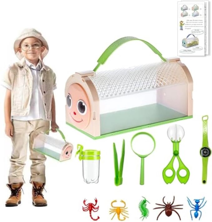 PromoHome Kinder Insecten Verkenningsset - Draagbare Kooi met Vergrootglas en Tang