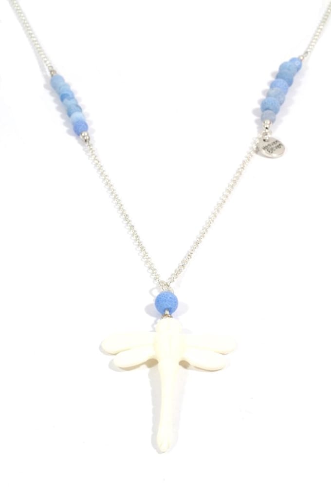 Heaven Eleven dames Ketting zilver plating - blauw sky kralen - wit hertegewei libel