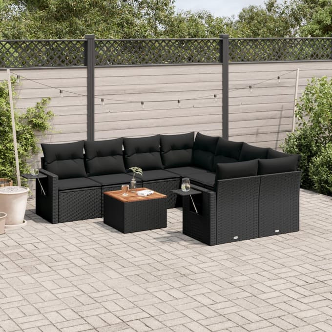 vidaXL - 9-delige - Loungeset - met - kussens - poly - rattan - zwart