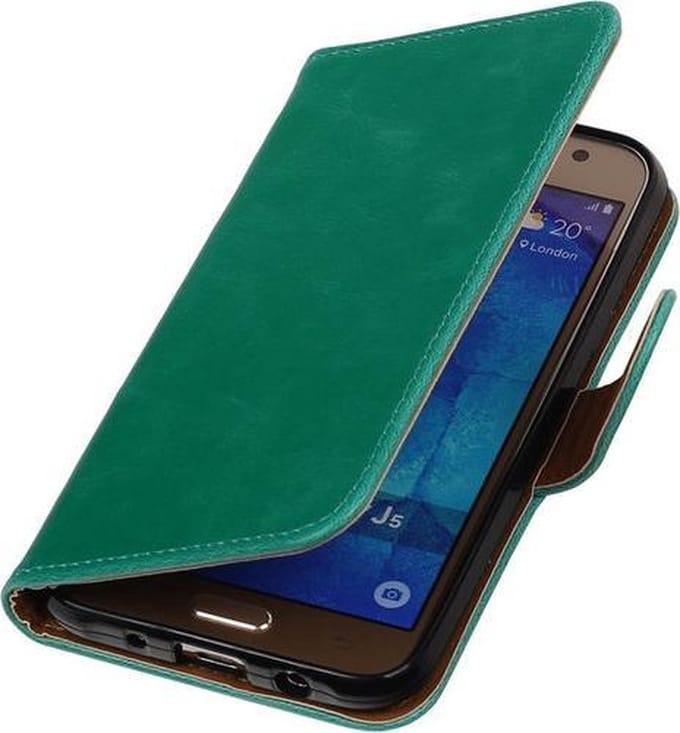 Groen Pull-Up PU Hoesje Samsung Galaxy J5 Booktype Wallet Cover