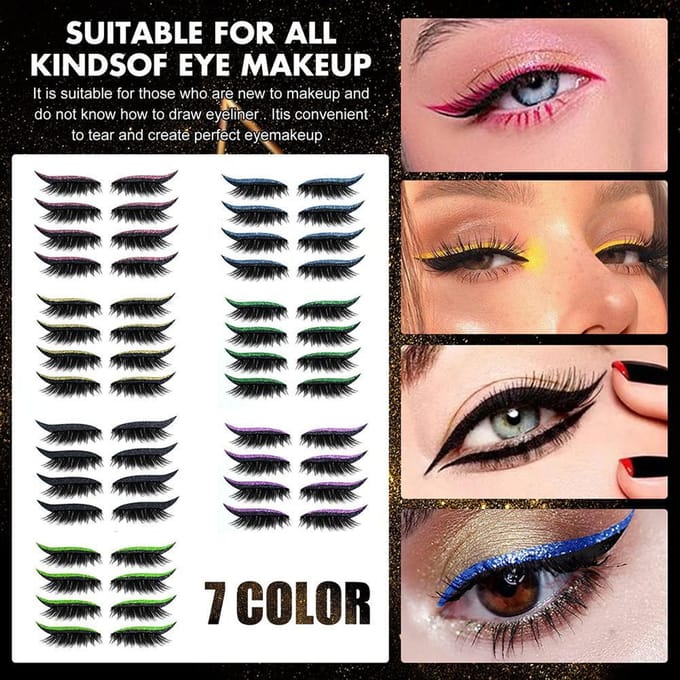 28 Paires d'Autocollants Eyeliner et Cils Réutilisables 7 Couleurs Étanche Eyeliner Cils Réutilisables violet