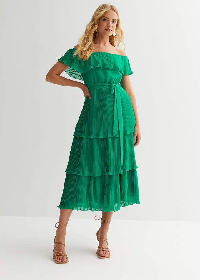 Groene gestreepte bardot midaxi jurk