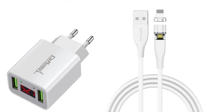 DrPhone ICO-1 - Magnetische Lightning Oplaadkabel 3A + 2-Poorts USB Thuislader 2.2A met LED Display - Wit