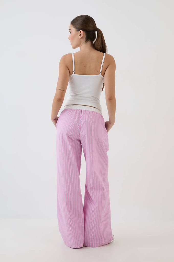 Dames Dsgn Studio Henley Knoop Katoenen Poplin Gestreepte Rechte Pijp Broek | Pink | Maat: Medium
