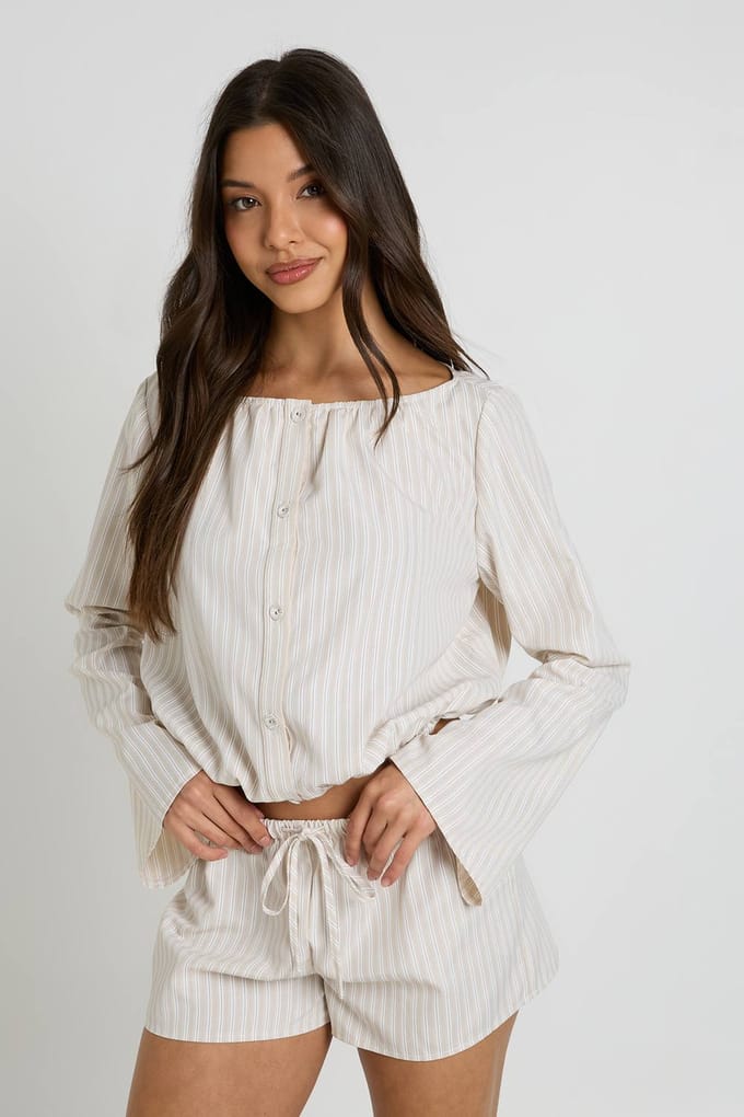 boohoo Dames Gestreepte Shorts Met Lage Taille En Trekkoord | Steen | Maat: 34