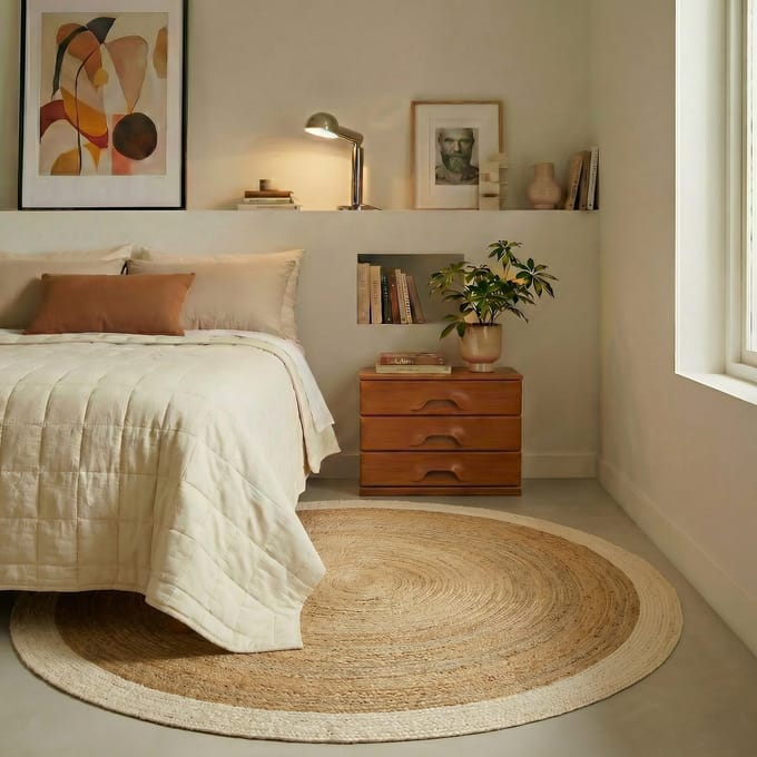Rond jute vloerkleed naturel/wit met rand 240cm Mrcarpet
