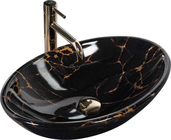 Rea Pamela Black Marble Shiny Opzetwastafel Steen Imitatie 53x33 cm
