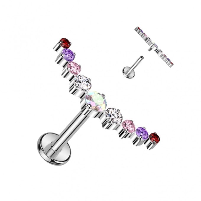 Piercing titanium 9 gemmed ronde top 1.2x8 - zilver - multi kleur - LMPiercings