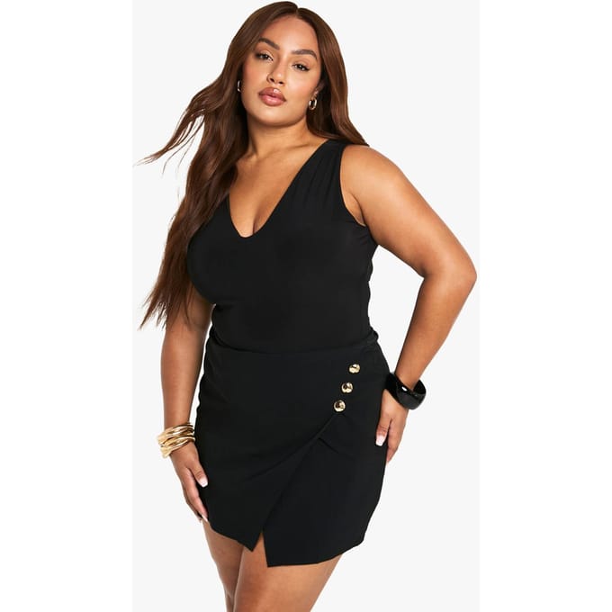 boohoo Dames Plus-knop Versieringsdetail Wrap-Skort | Black | Maat: 26