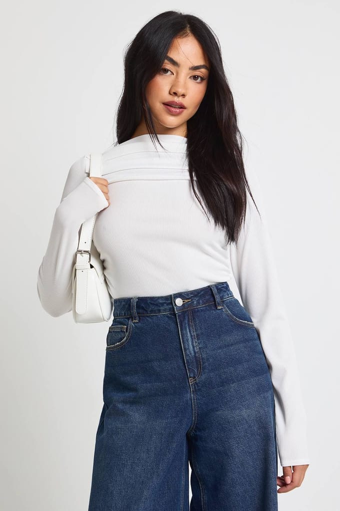 boohoo Dames Geribbelde top met gedrapeerde voorkant en lange mouwen | Cream | Maat: 10